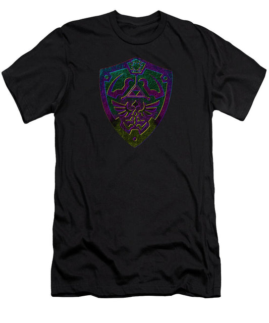 Black graphic t-shirt with purple-green shield logo on chest