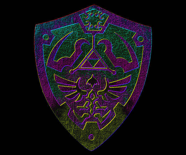 Shield art print with purple-green geometric emblem and central triangle design