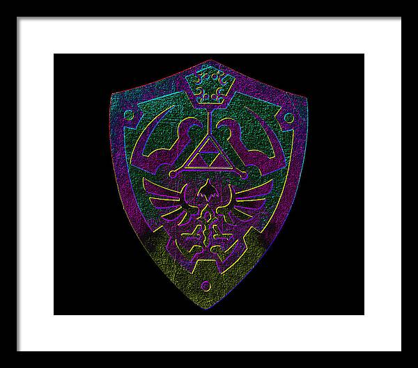 Framed print of a purple and green shield emblem with triangle and wings, white mat
