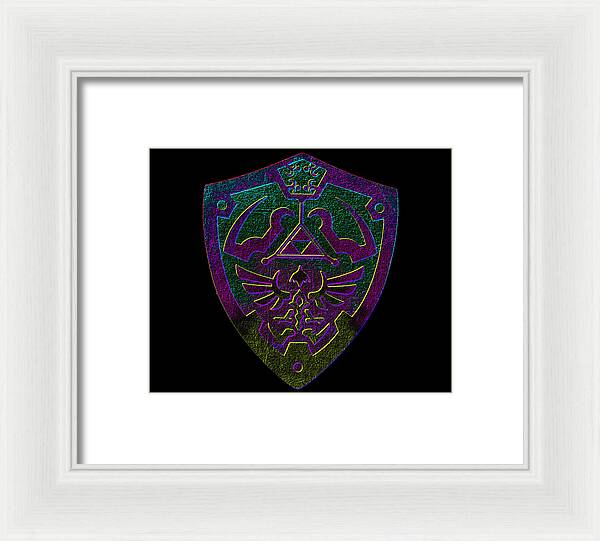 Framed print with purple-green shield emblem, white frame and white mat
