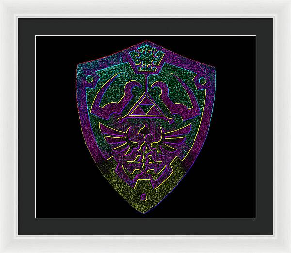 Framed print with purple and green game shield emblem on black background, dark gray frame.