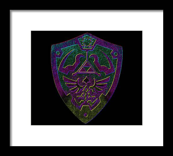 Framed print with purple-green shield emblem, black frame and white mat