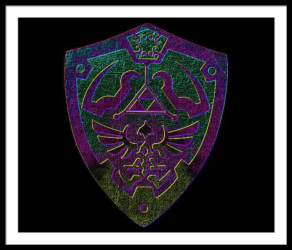 Framed print with purple and green game shield emblem on black background, white frame.