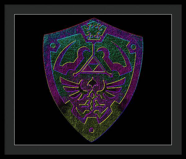 Framed print with purple and green game shield emblem on black background, black frame.