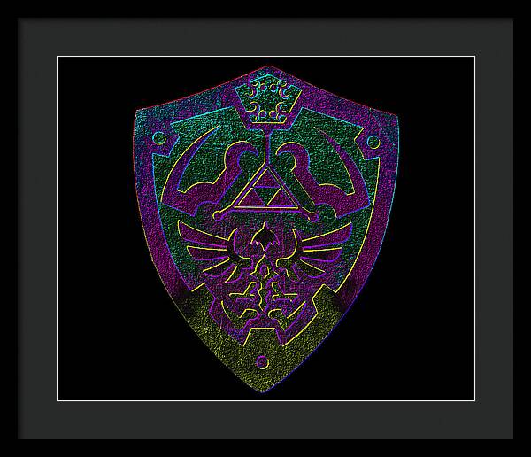 Framed print with purple-green shield emblem on black background, dark frame and mat