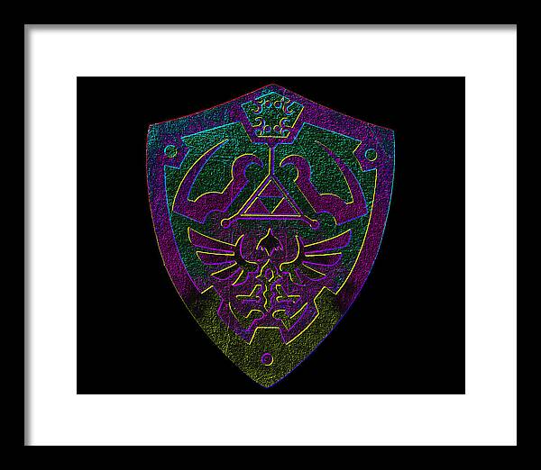 Framed print of a purple and green shield emblem with triangle and wings, white mat