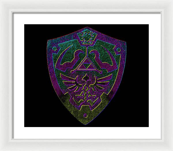 Framed print with purple-green shield emblem on black background, white frame, white mat