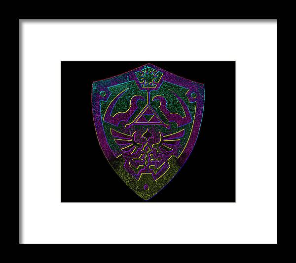 Framed print with purple-green shield emblem, white frame and white mat