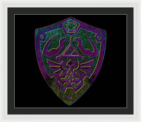 Framed print with purple and green game shield emblem on black background, white frame and mat.