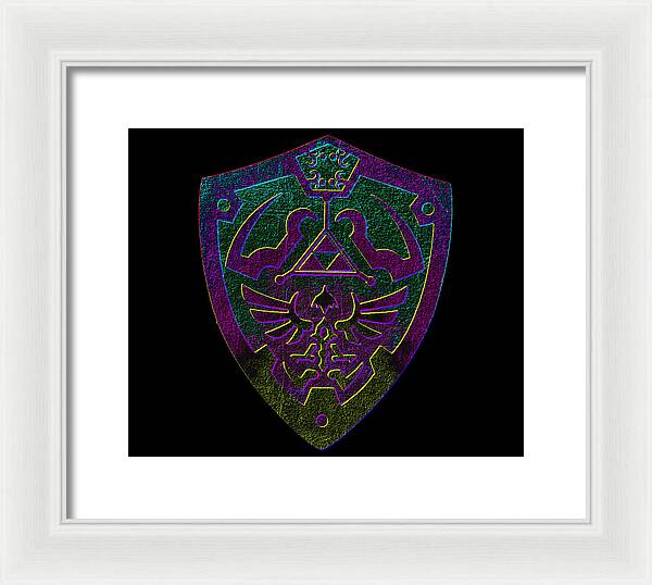 Framed print of a purple and green shield emblem with triangle and wings, white frame