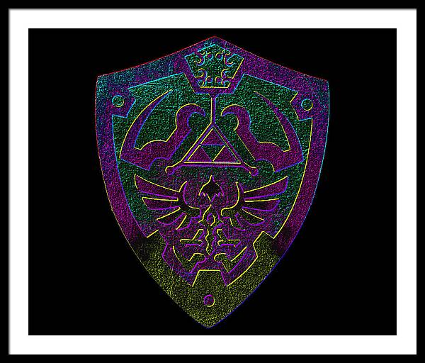Framed print with purple and green game shield emblem on black background, white frame.