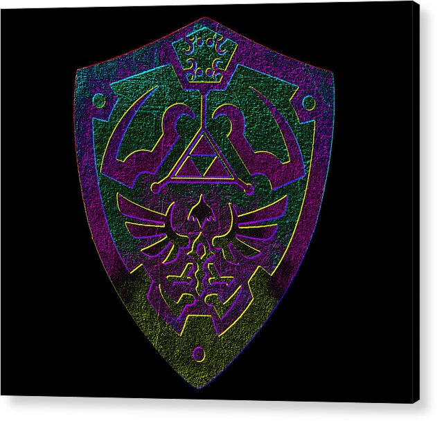 Acrylic print of purple and green shield emblem on dark background