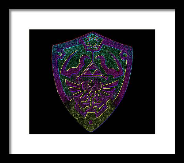 Framed print with purple-green shield emblem, black frame with white mat border