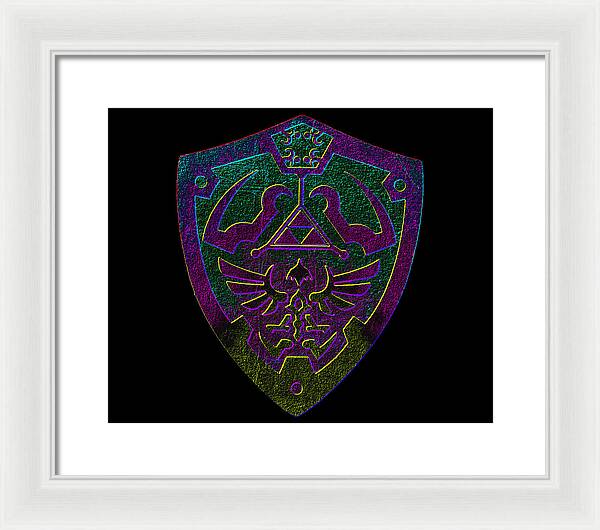 Framed print of a purple and green shield emblem with triangle and wings, white frame