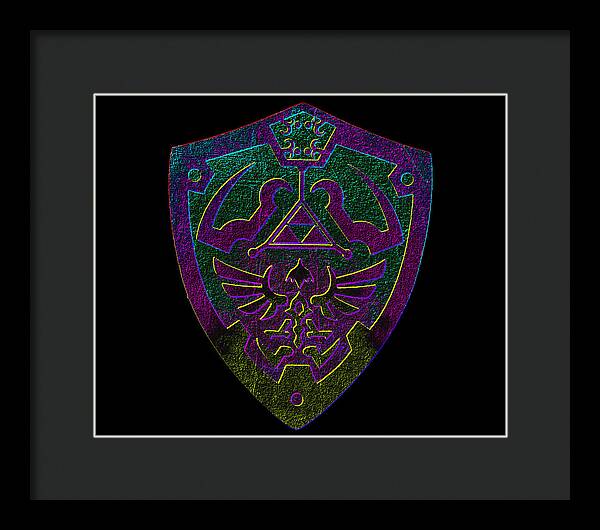 Framed print of a purple and green shield emblem with triangle and wings, dark frame