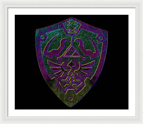 Framed print with purple and green game shield emblem on black background, white frame.