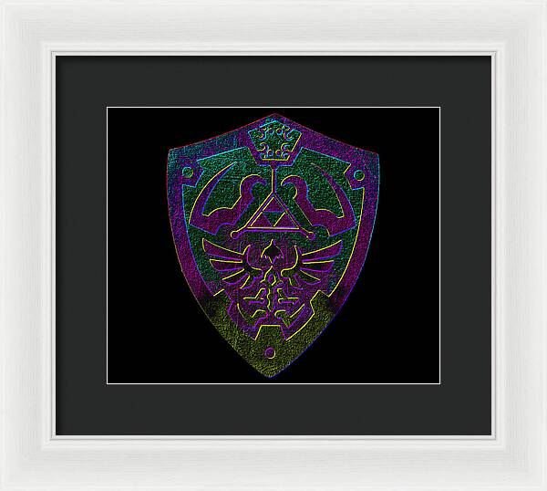 Framed print of a purple and green shield emblem with triangle and wings, white frame, dark mat