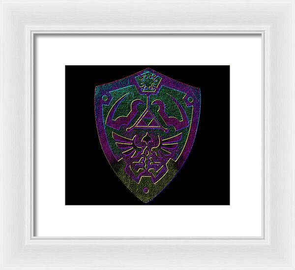 Framed print with purple-green shield emblem, white frame and white mat