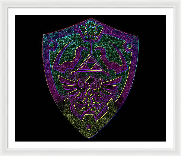 Framed print with purple-green shield emblem, white frame and black inner mat