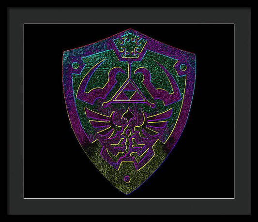 Framed print with purple and green game shield emblem on black background, black frame.