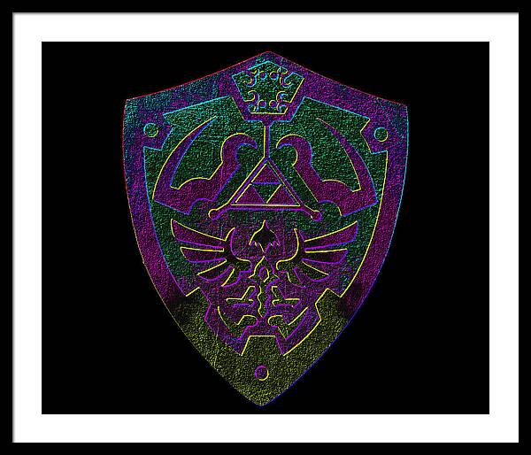 Framed print with purple and green game shield emblem on black background, white frame with mat.