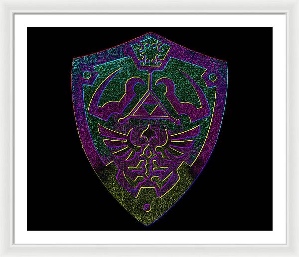 Framed print with purple and green game shield emblem on black background, white frame and mat.