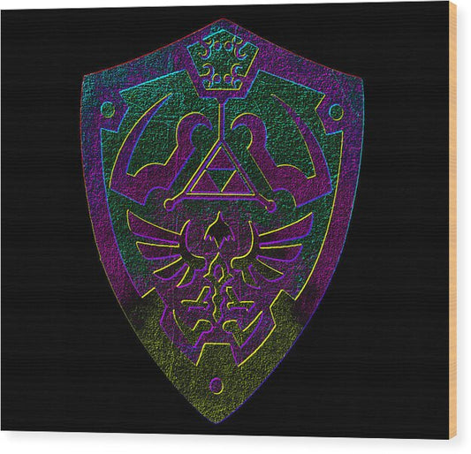 Wood print wall art with purple neon shield emblem on dark background