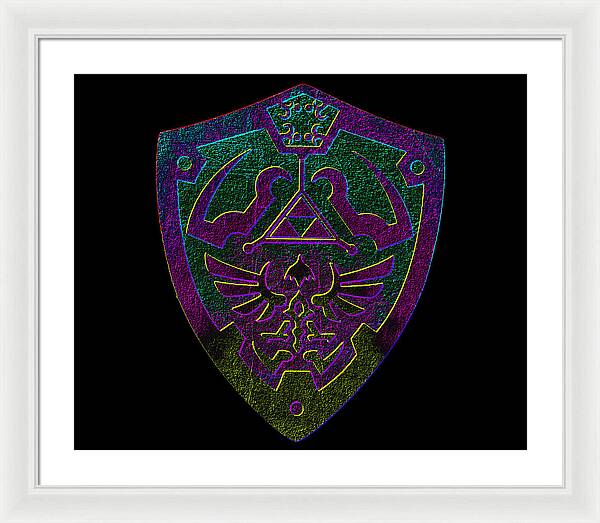 Framed print with purple and green game shield emblem on black background, white frame.