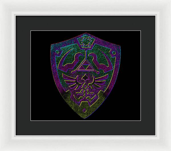 Framed print of a purple and green shield emblem with triangle and wings, white frame, dark mat