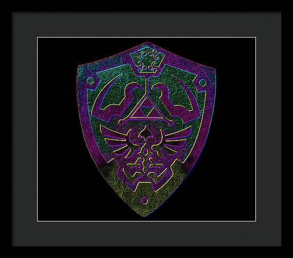 Framed print of a purple and green shield emblem with triangle and wings, dark frame