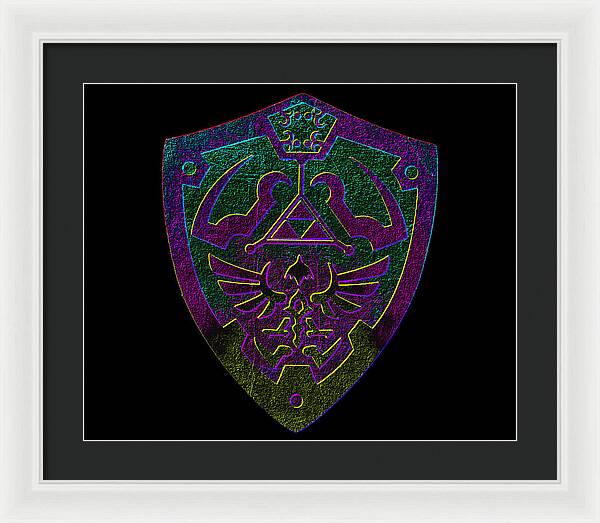 Framed print with purple-green shield emblem on black background, white frame and dark mat