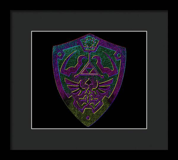 Framed print with purple-green shield emblem, dark frame and black mat