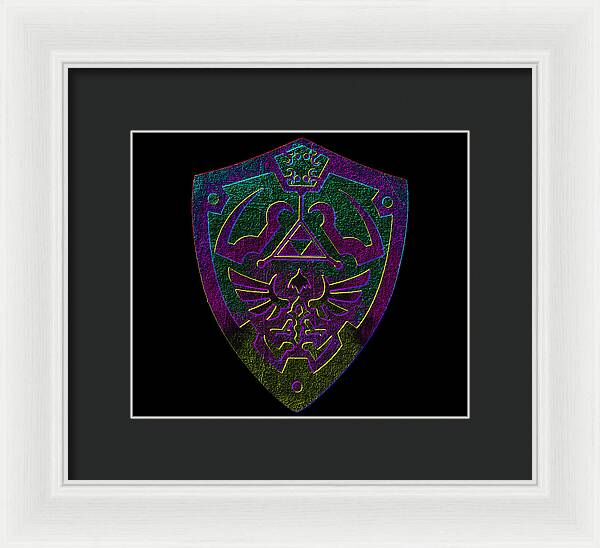 Framed print with purple-green shield emblem, white frame and dark mat