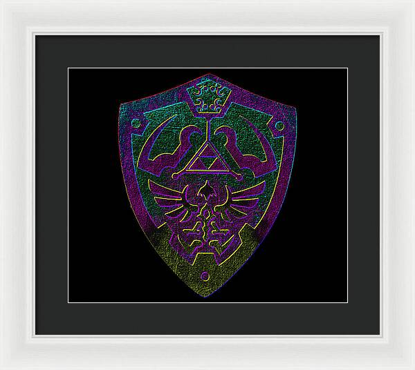 Framed print with purple-green shield emblem on black background, white frame, dark mat