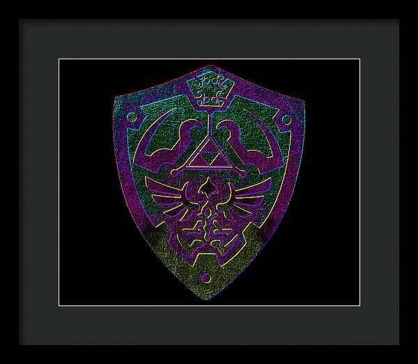 Framed print of a purple and green shield emblem with triangle and wings, dark frame