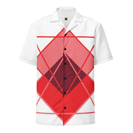 Unisex button-up shirt with white base and red geometric diamond graphic on front