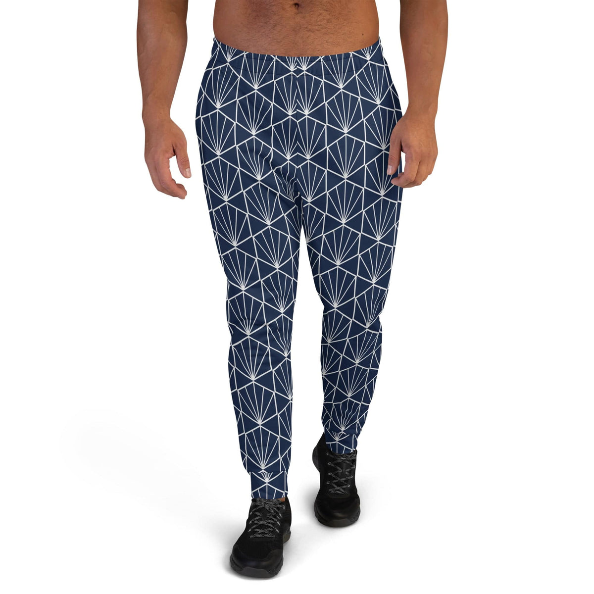Men's joggers with navy base and white geometric pattern, tapered legs and ankle cuffs