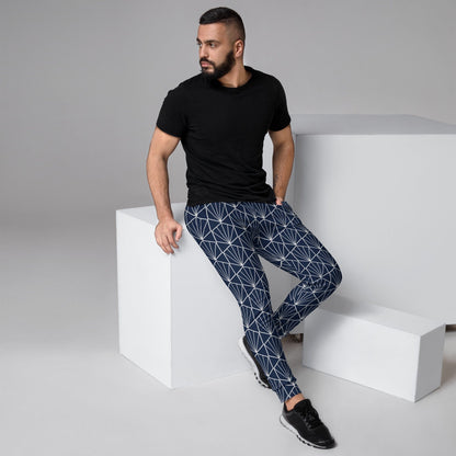 Men's joggers in navy with white geometric pattern, tapered fit and elastic waistband
