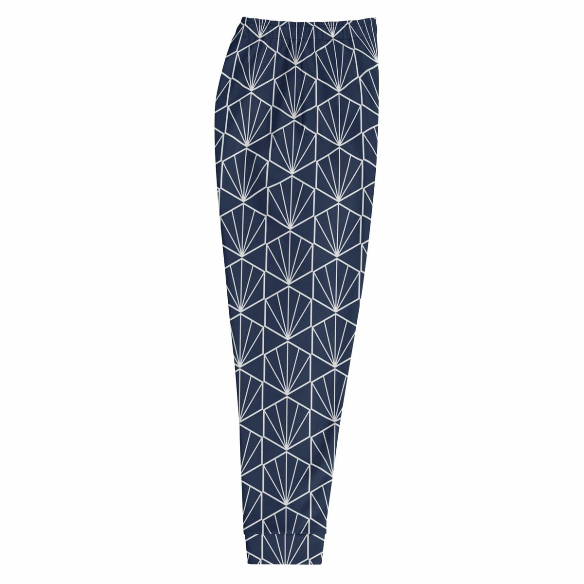 Men's joggers in navy with white geometric fan pattern, straight tapered leg