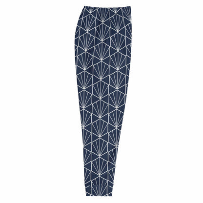 Men's joggers in navy with white geometric fan pattern, straight tapered leg