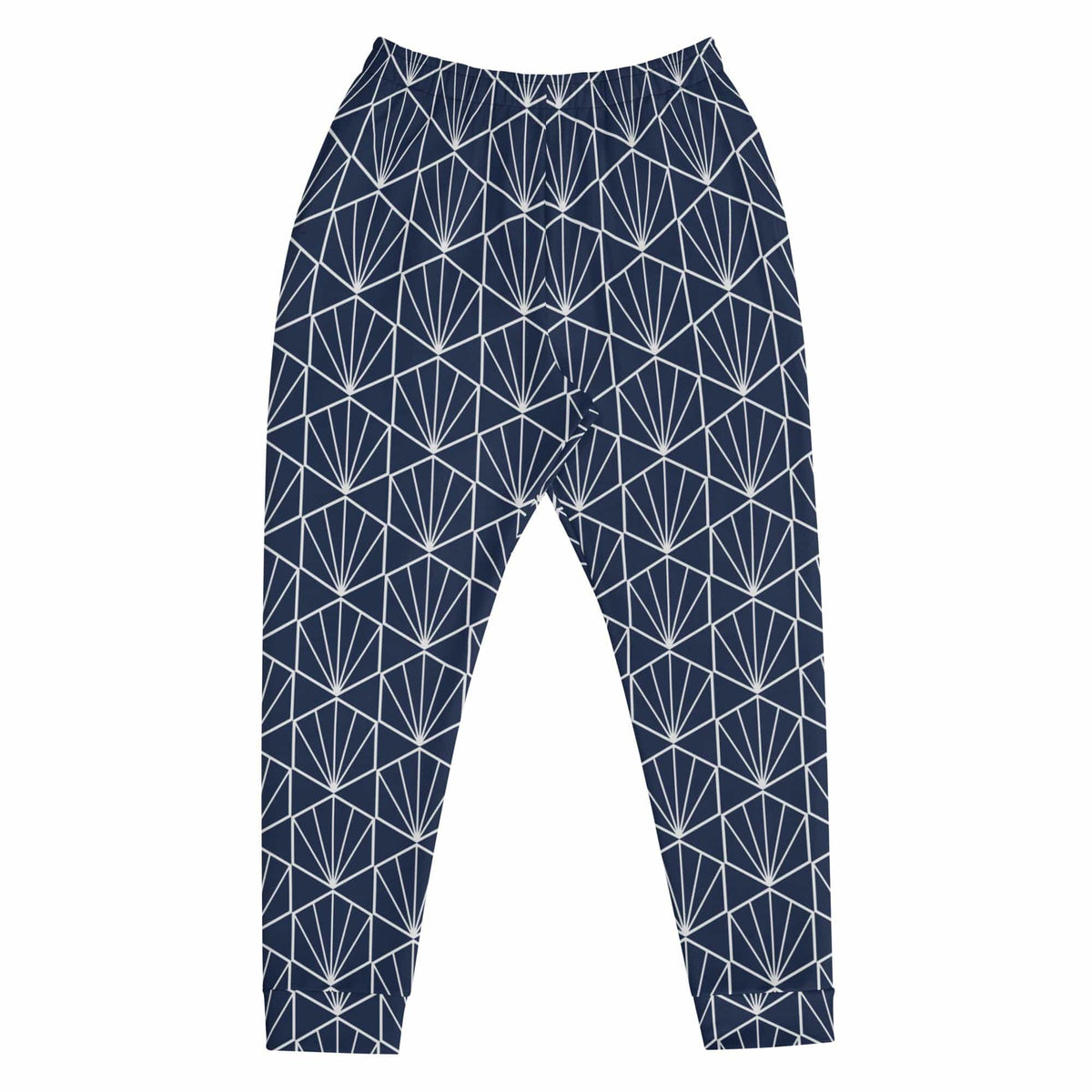 Men's joggers front view with navy base and white geometric pattern, tapered pant legs