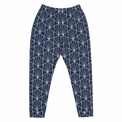 Men's joggers front view with navy base and white geometric pattern, tapered pant legs