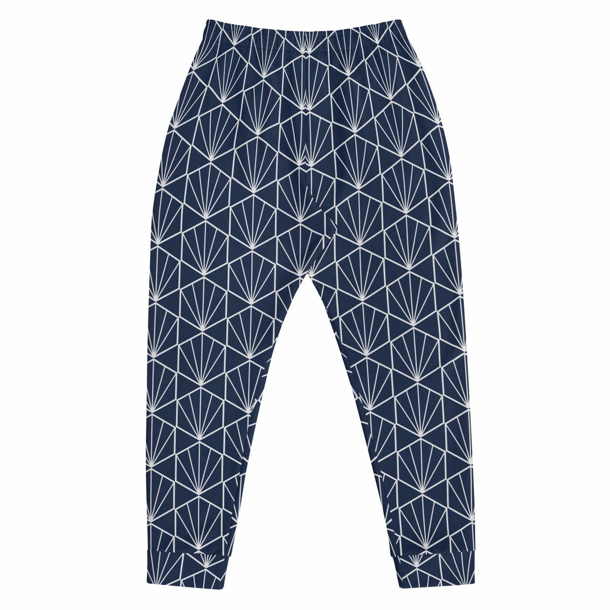 Men's joggers back view with navy base and white geometric pattern, tapered pant legs
