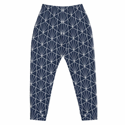 Men's joggers back view with navy base and white geometric pattern, tapered pant legs