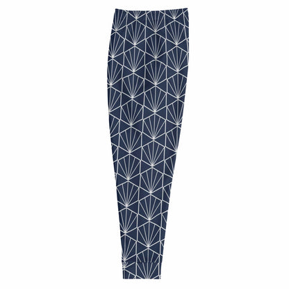 Men's joggers side view with navy base and white geometric pattern, tapered leg fit