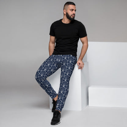 Men's joggers in navy with white geometric print, slim tapered silhouette