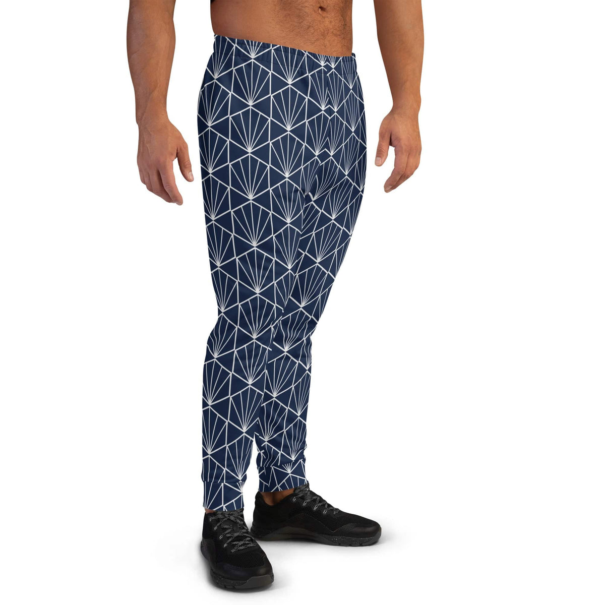 Men's joggers with navy base and white geometric pattern, tapered legs and ankle cuffs