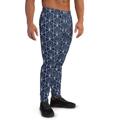 Men's joggers with navy base and white geometric pattern, tapered legs and ankle cuffs
