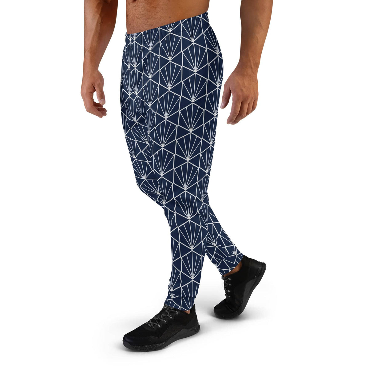 Men's joggers with navy-and-white geometric print, slim tapered cut and cuffed ankles