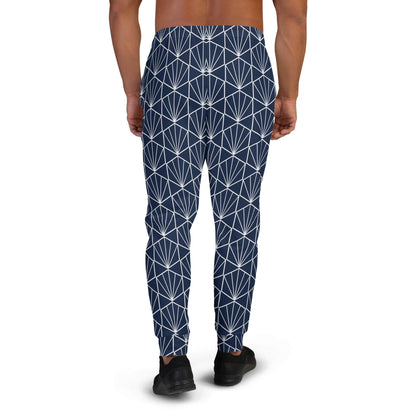 Men's joggers with navy base and white geometric pattern, tapered legs